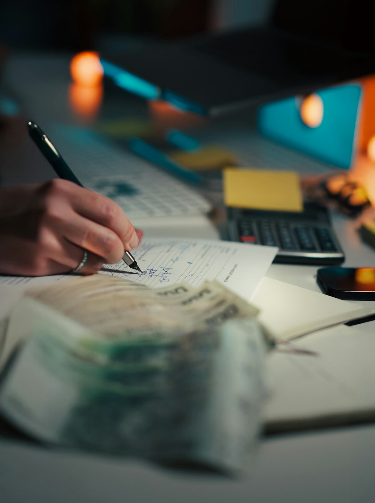 Working the deal numbers at night — pen, ledger and calculator